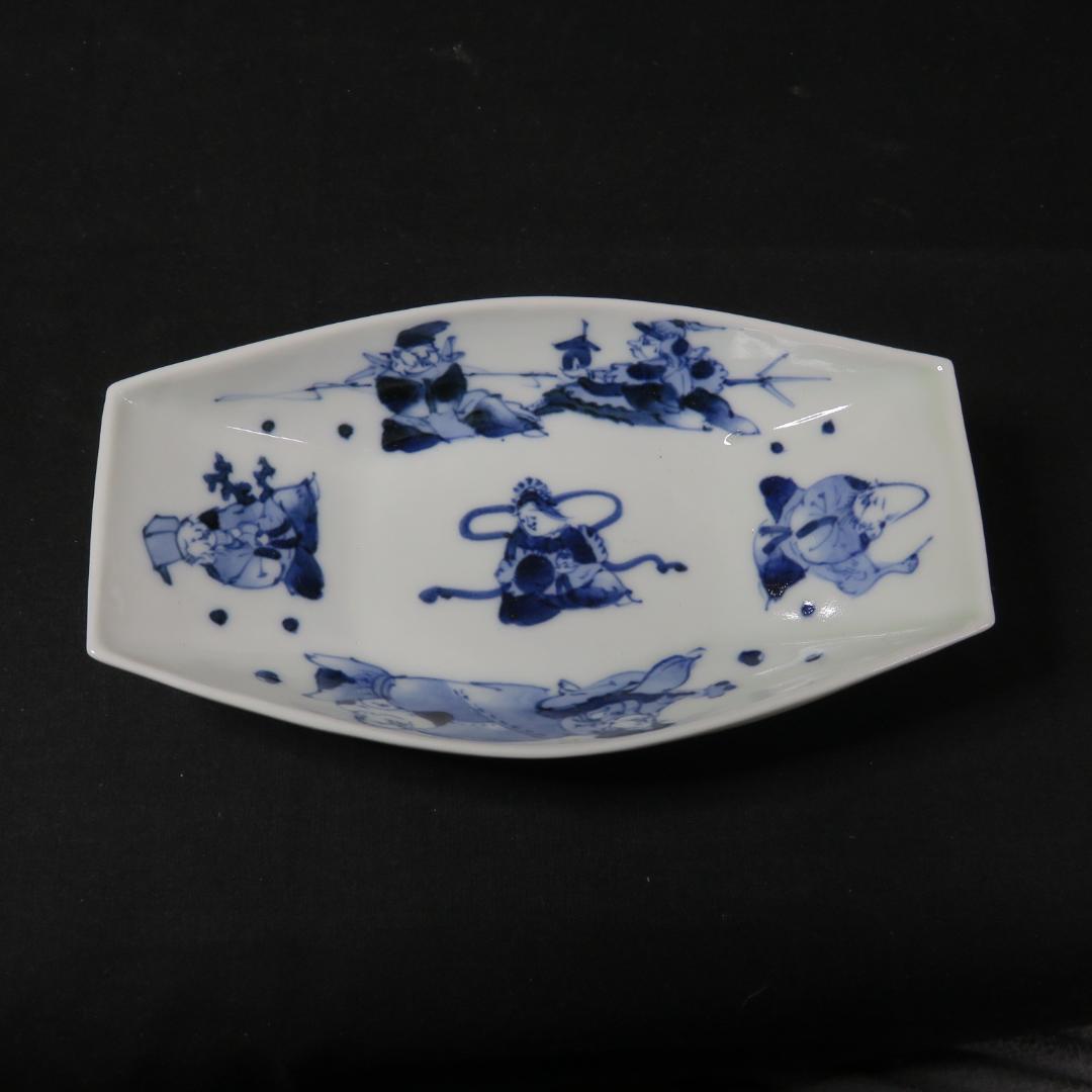 向付 染付 七福神 5客 明治 大正 昭和初期 銘 変形皿 小皿 その