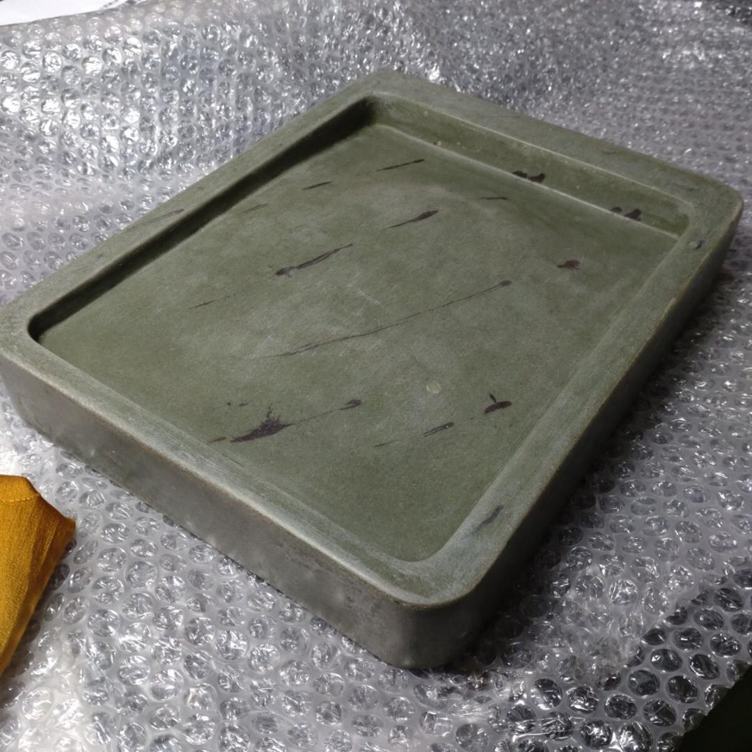 清代 上浣造 緑端渓硯 雲龍鳳凰彫刻 木箱付 書道具 すずり