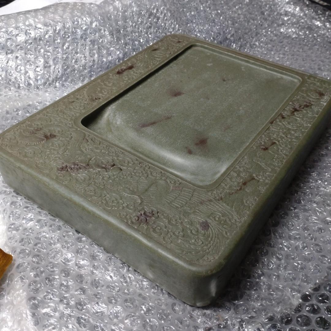 清代 上浣造 緑端渓硯 雲龍鳳凰彫刻 木箱付 書道具 すずり