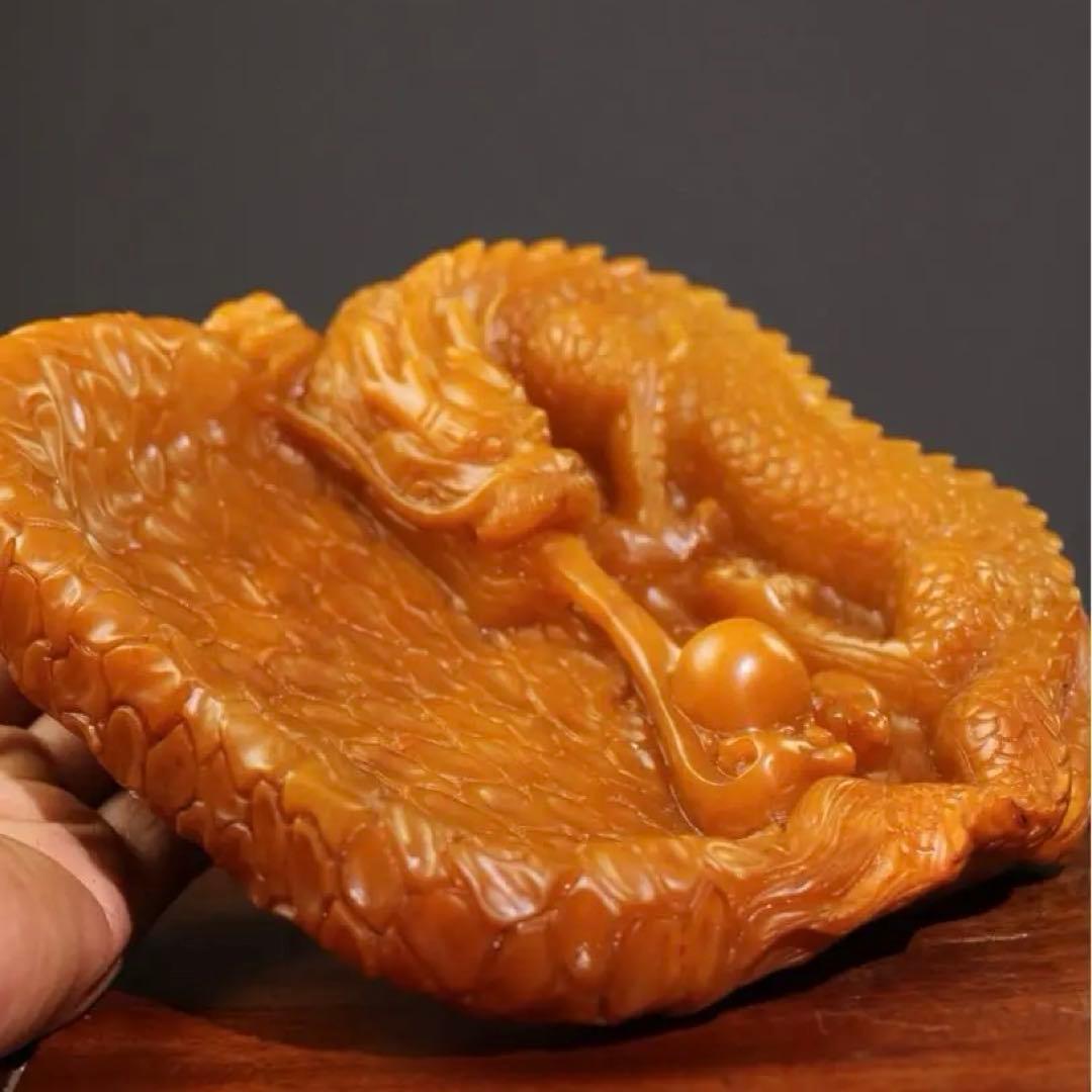 珍品 天然田黄石 水盂毛筆用 「龍騰盛世」 秋堂 作 彫刻 金龍文 文房具