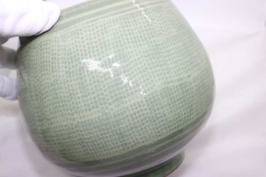 韓国人間文化財 柳海剛(柳根瀅) 高麗青磁 水指 茶道具 共箱 G2654