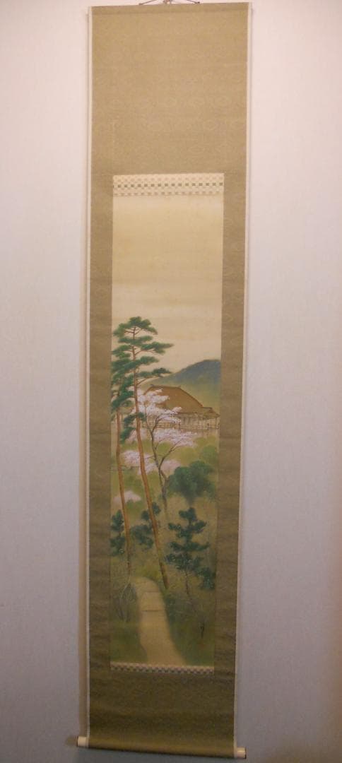 掛け軸 峰嶺 作 『 清水之桜 』 絹本 希少 軸装 茶道具 掛軸 です。