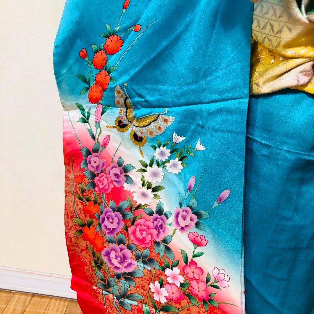 七五三7歳‼️豪華正絹Blue暈し‼️蝶々薔薇金彩金箔‼️完全フルセット✨プリンセス❤️