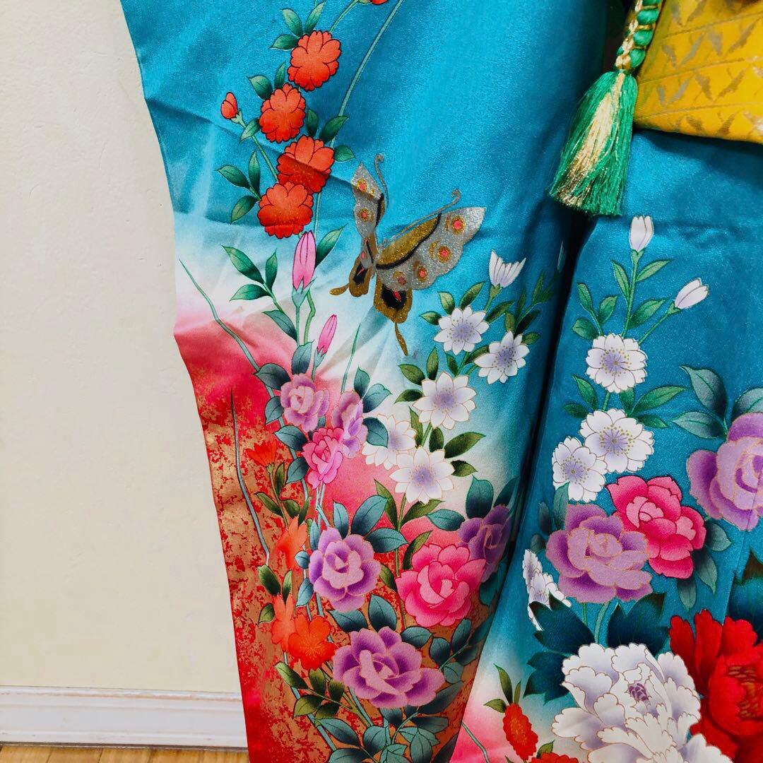 七五三7歳‼️豪華正絹Blue暈し‼️蝶々薔薇金彩金箔‼️完全フルセット✨プリンセス❤️