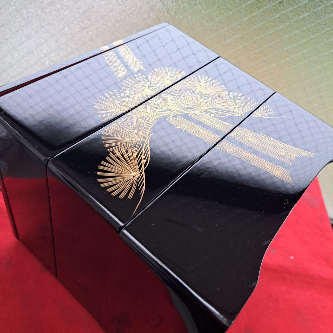 会津漆器 6.5寸3段重箱】天然木製 寿松蒔絵 黒塗 長期保管