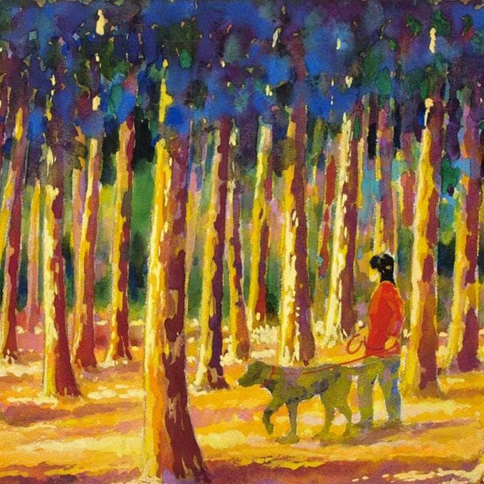 絵画「夕日を浴びて～ 森の散歩道」　水彩画