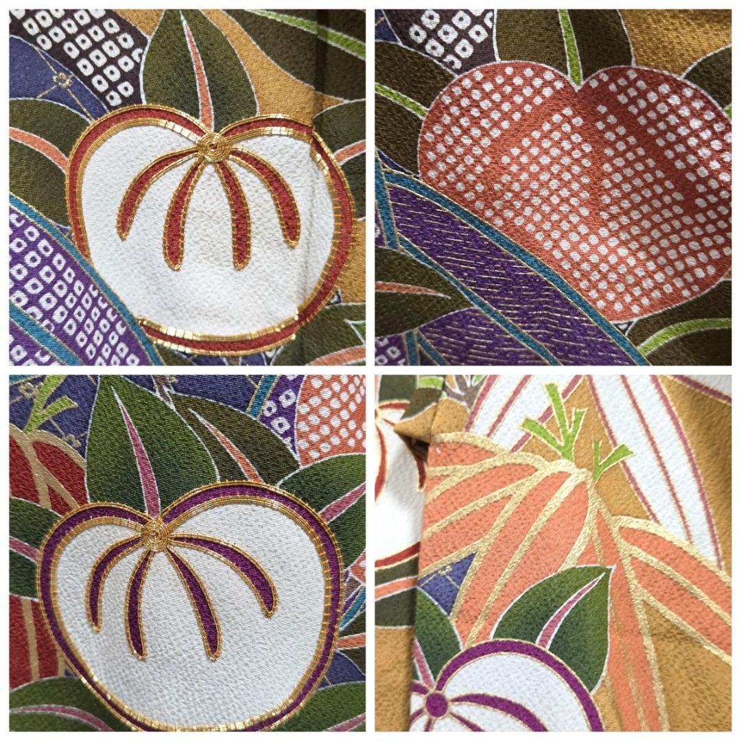 F5 橘の花模様 金駒刺繍 金彩 縮緬 山吹色 袷 正絹 成人式