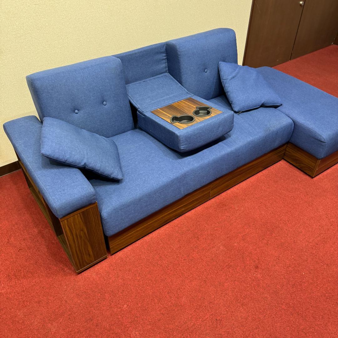 東京23区送料無料 美品モダンデコ二人掛けソファー／ベッド　収納有ネイビーブルー