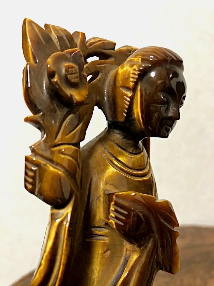 中国美術 時代 虎目石 タイガーアイ 女人彫刻像 仏像 唐木台付き 処分