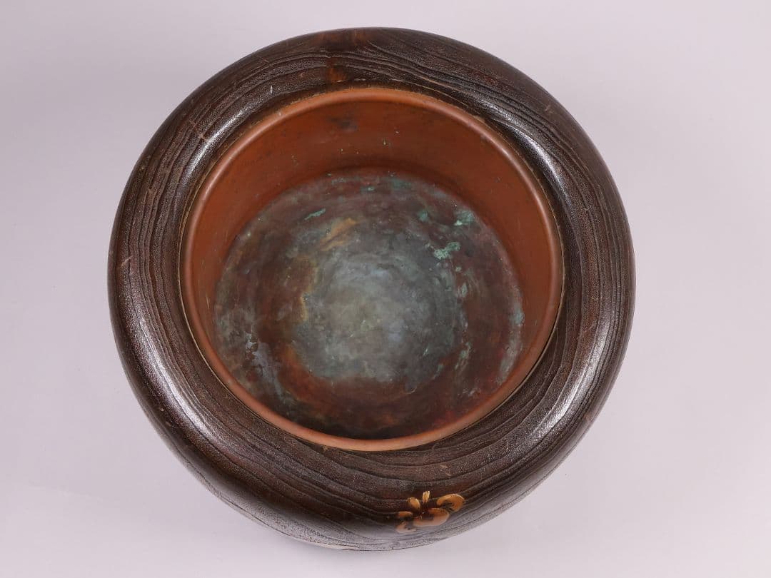 尺参 桐火鉢 金蒔絵 螺鈿細工 幅38.8cm 桐紋 菊 草花 扇面【