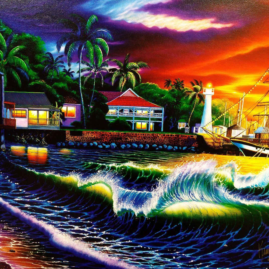 版画　横　特寸法　海　波　船　額装仕上げ品