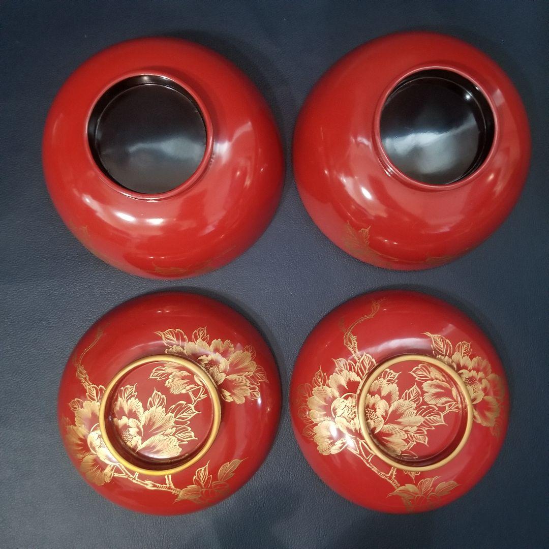 yuki 木製 吸物椀 朱塗 沈金牡丹花文 吸物椀 煮物椀 懐石椀 4客