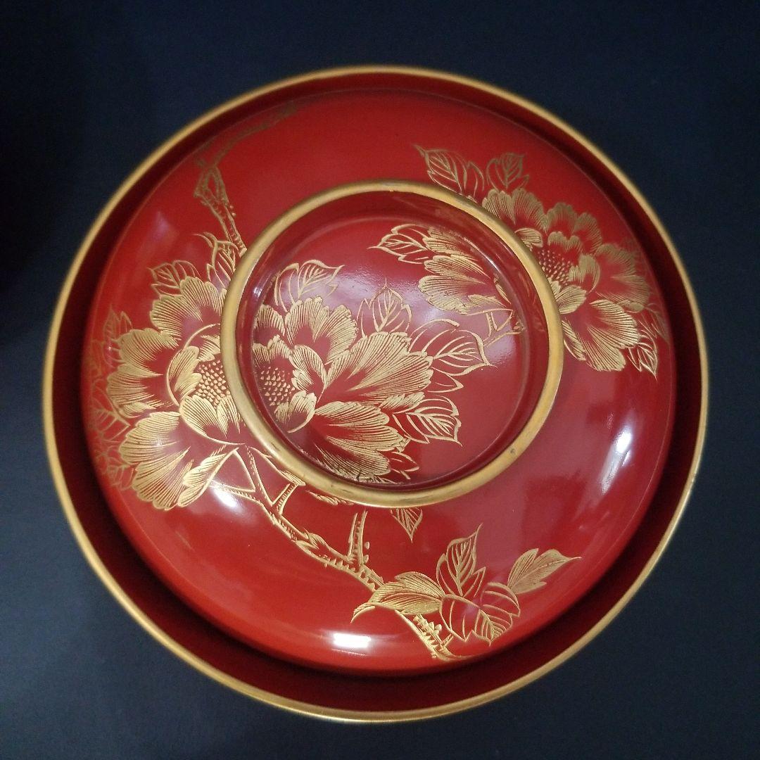 yuki 木製 吸物椀 朱塗 沈金牡丹花文 吸物椀 煮物椀 懐石椀 4客