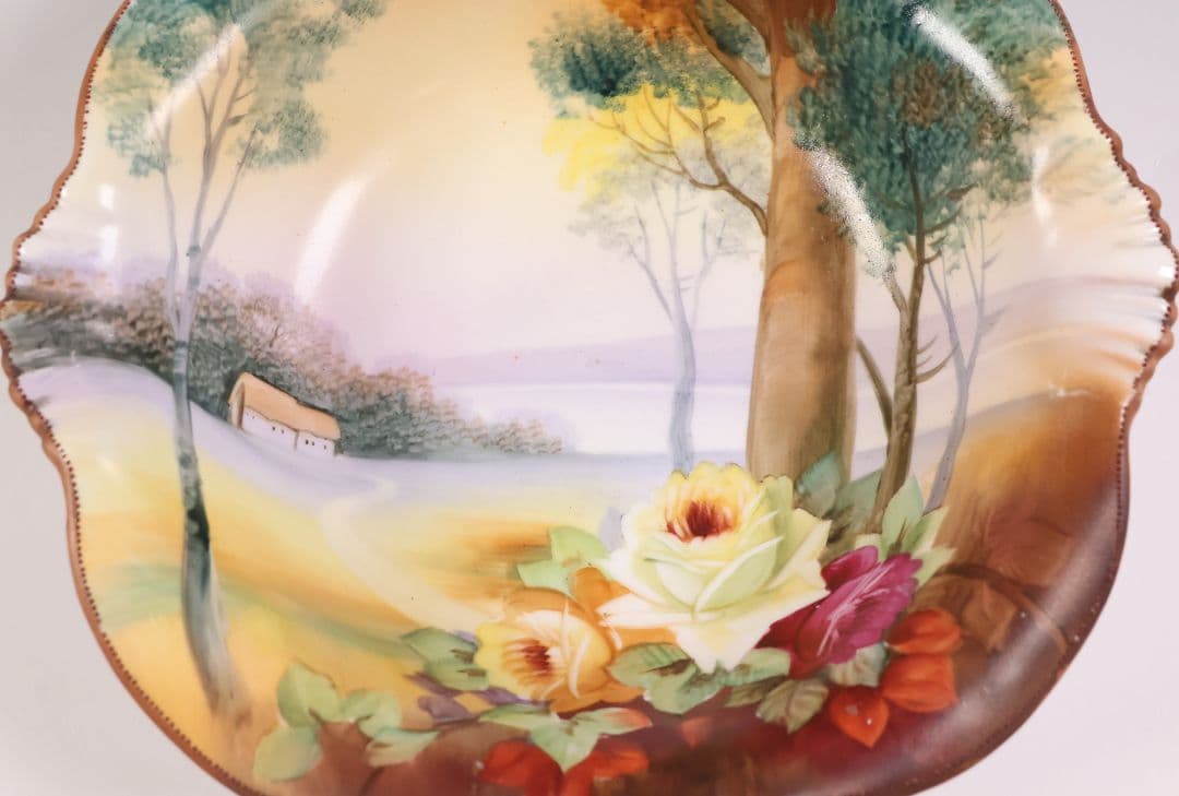 【CM309】オールドノリタケ 風景 薔薇 皿 鉢 幅21.8cm 湖畔 明治