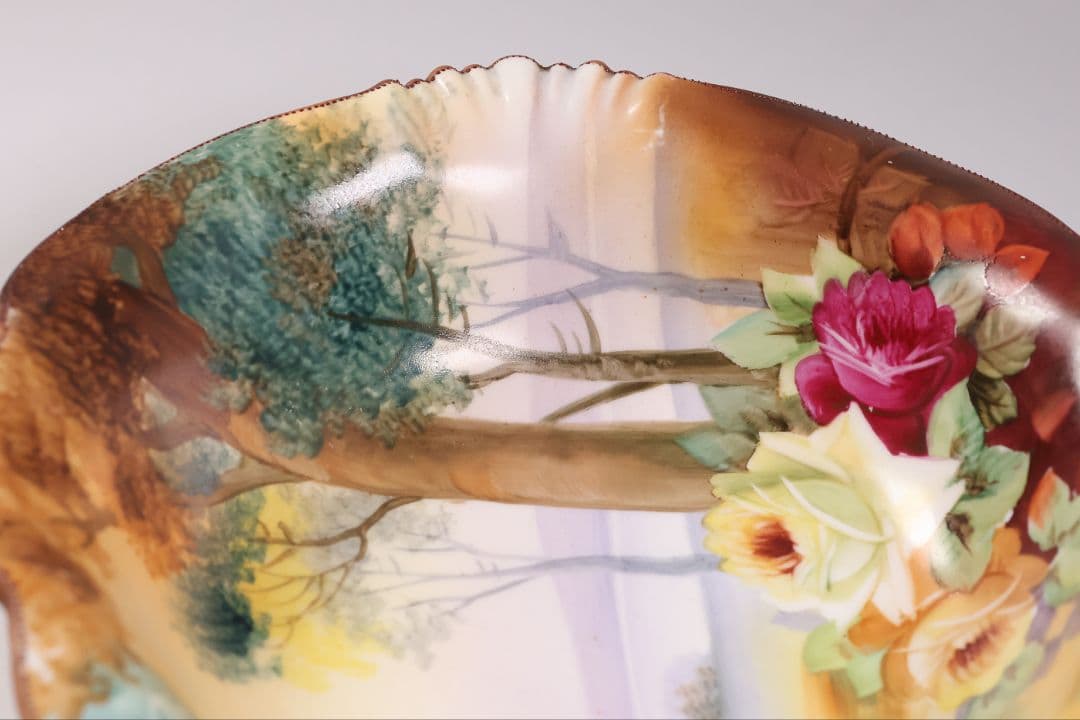 【CM309】オールドノリタケ 風景 薔薇 皿 鉢 幅21.8cm 湖畔 明治