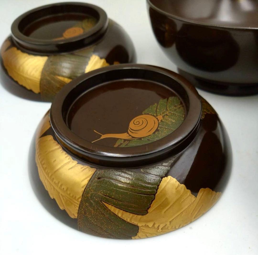 最高級 蓋付き汁椀 2客 お吸物 金漆塗 高蒔絵 芭蕉葉 蝸牛蜻蛉 アンティーク