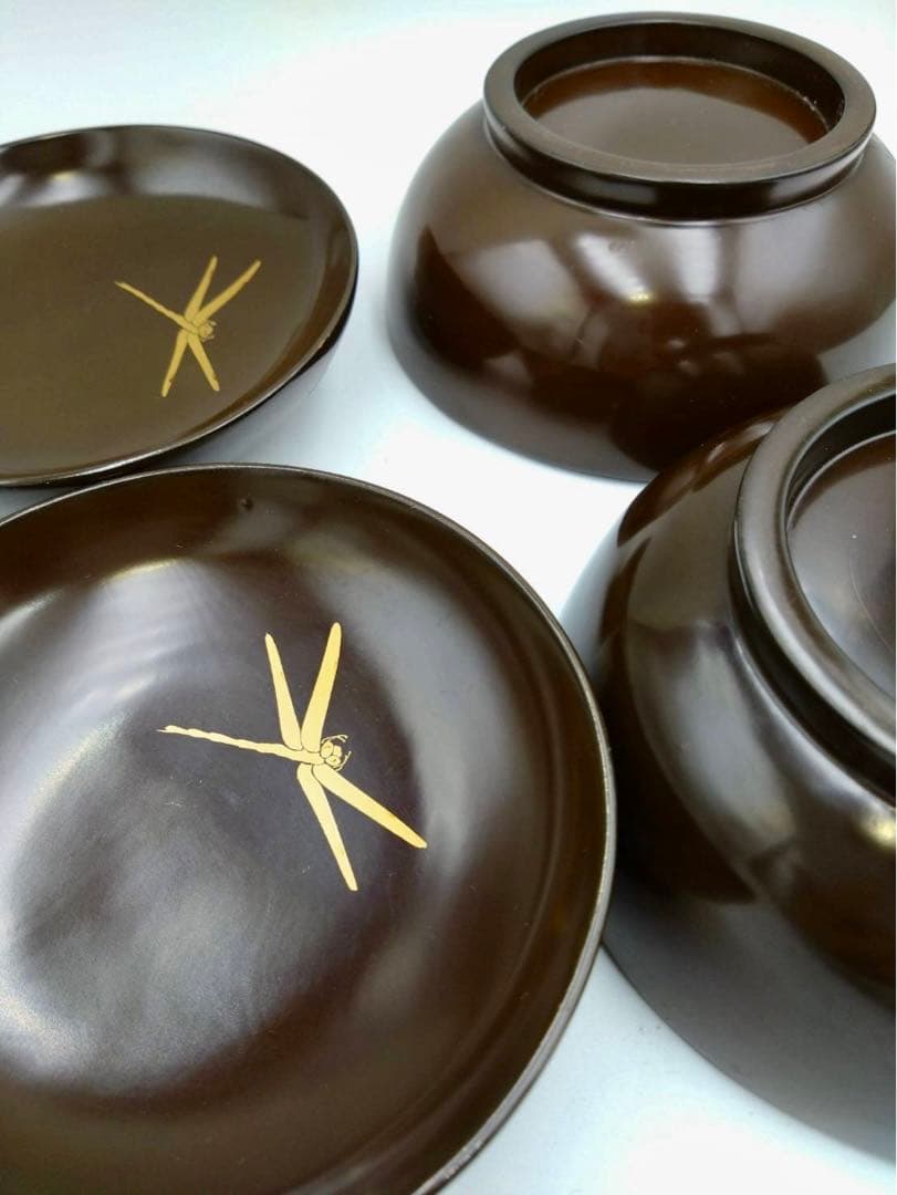 最高級 蓋付き汁椀 2客 お吸物 金漆塗 高蒔絵 芭蕉葉 蝸牛蜻蛉 アンティーク