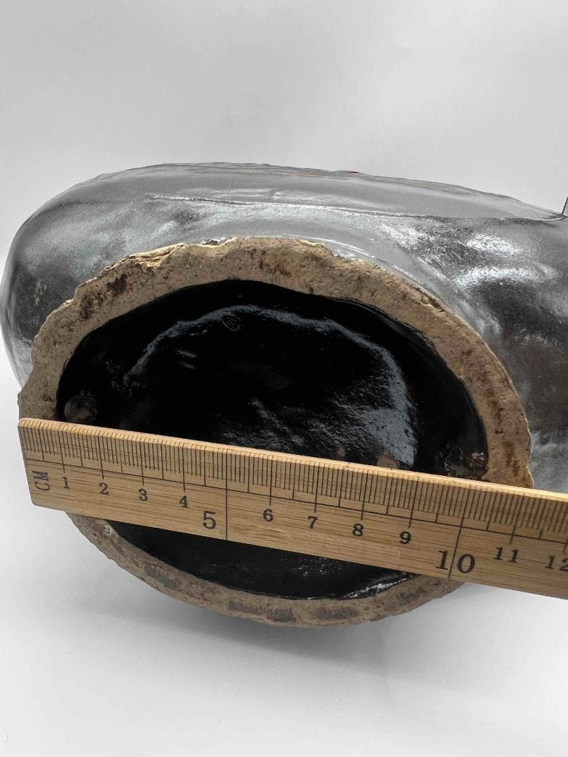 金～元時代 褐黑釉 木の葉文 大扁壺 花入 花瓶 茶道具(B-66)