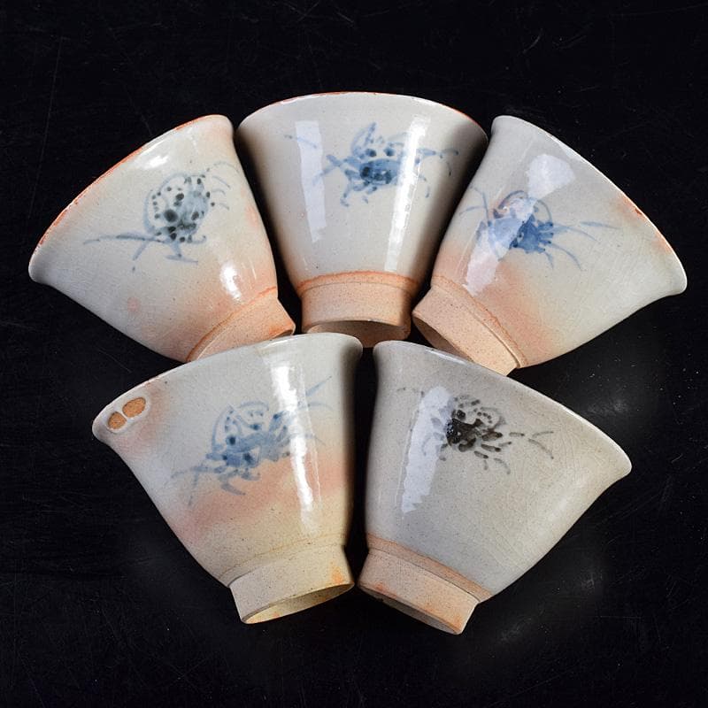 煎茶道具 虫明焼 蟹文 煎茶碗 五客 箱蓋無し V R8756