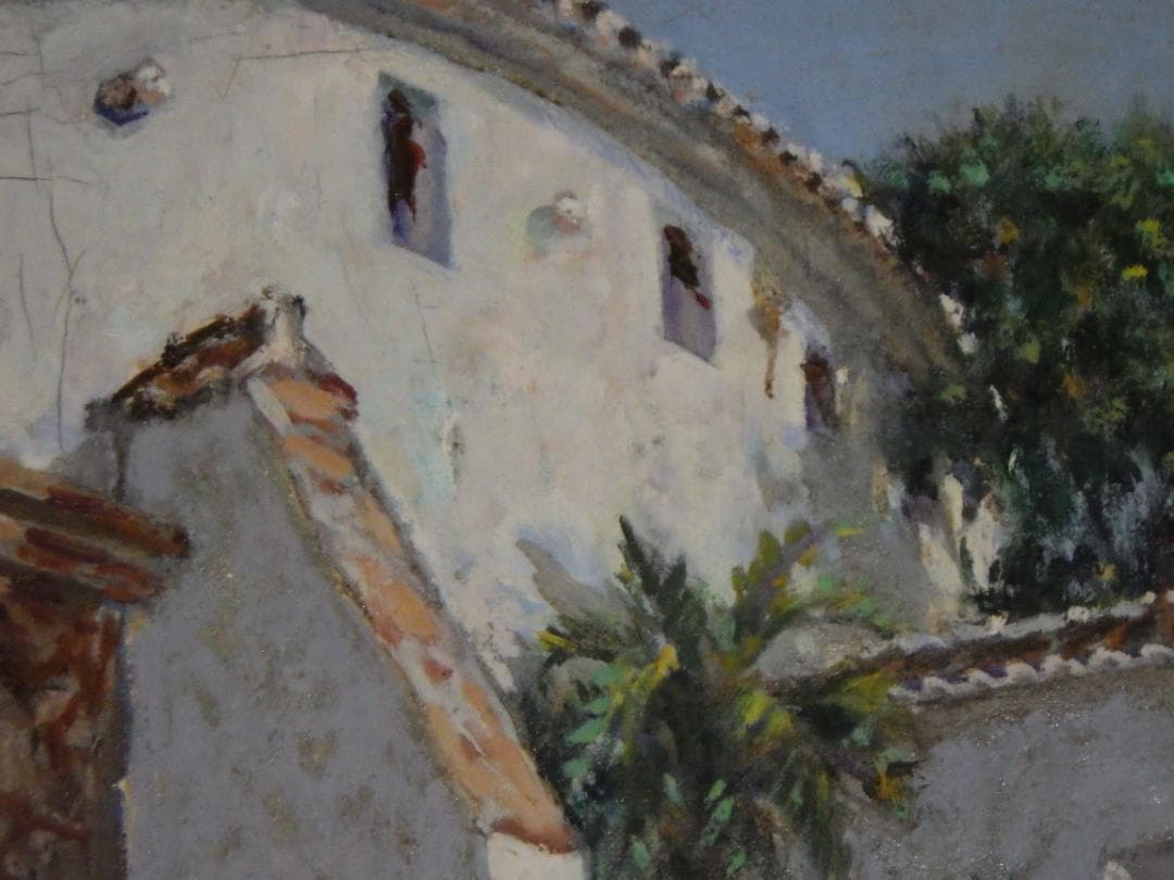 真作 春田美樹 油彩 闘牛場の内庭 ロンダ 肉筆 地図 木枠F6サイズ 一点物