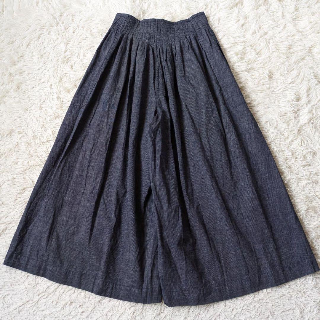 45R キュロットギャザーワイドパンツ　ストライプ　インディゴ　サイズ1 日本製