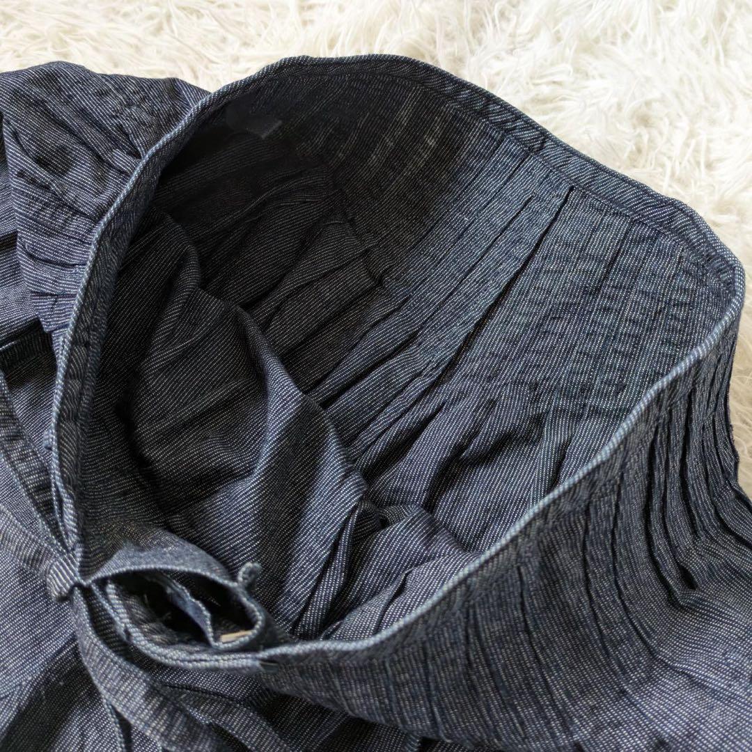 45R キュロットギャザーワイドパンツ　ストライプ　インディゴ　サイズ1 日本製