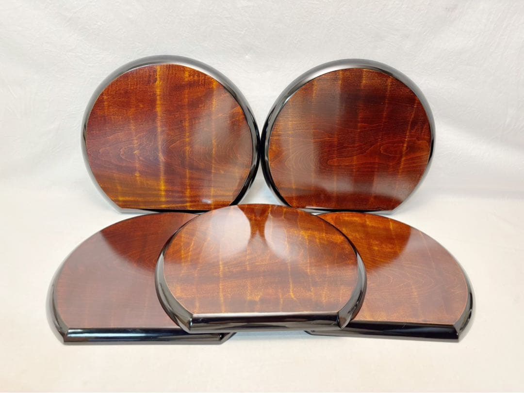 未使用 懐石道具 天然木製 点心盆 半月膳 黒塗 会席膳 5客揃 銘々盆栞 共箱