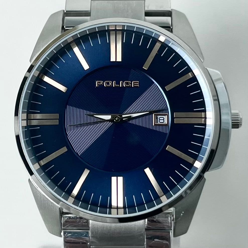 【美品】 稼働 POLICE 14384J ネイビー文字盤 デイト 腕時計