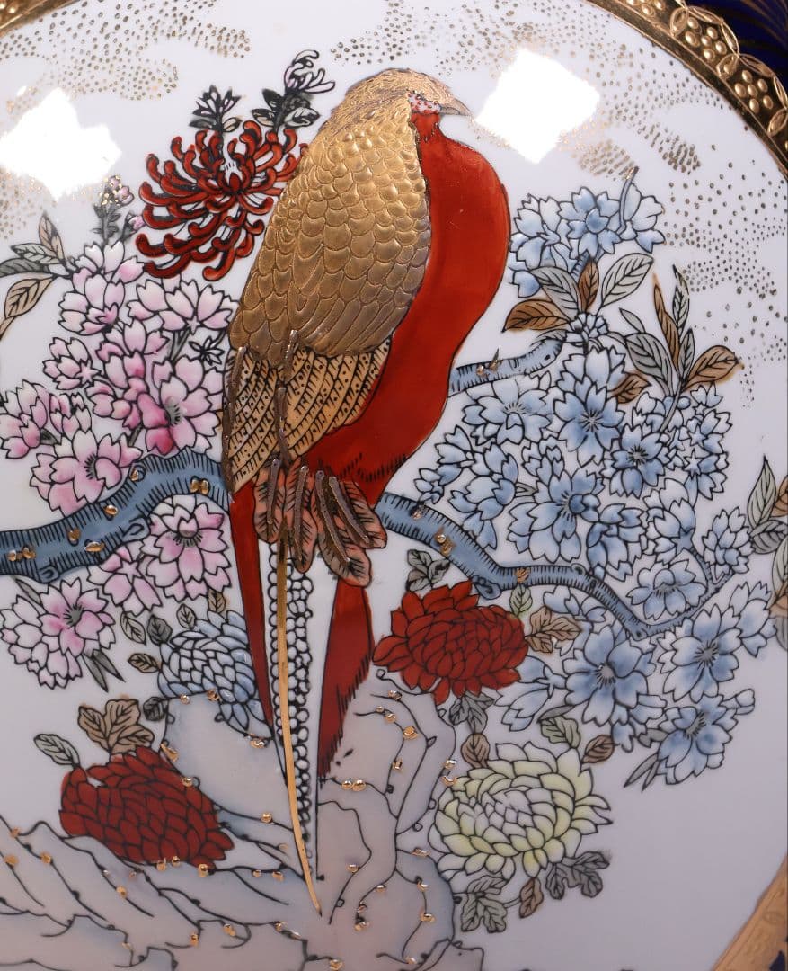 薩摩焼 栄盛窯 瀧山作 金襴手花鳥図鶴首大花瓶 65.7cm 飾瓶【CM208】