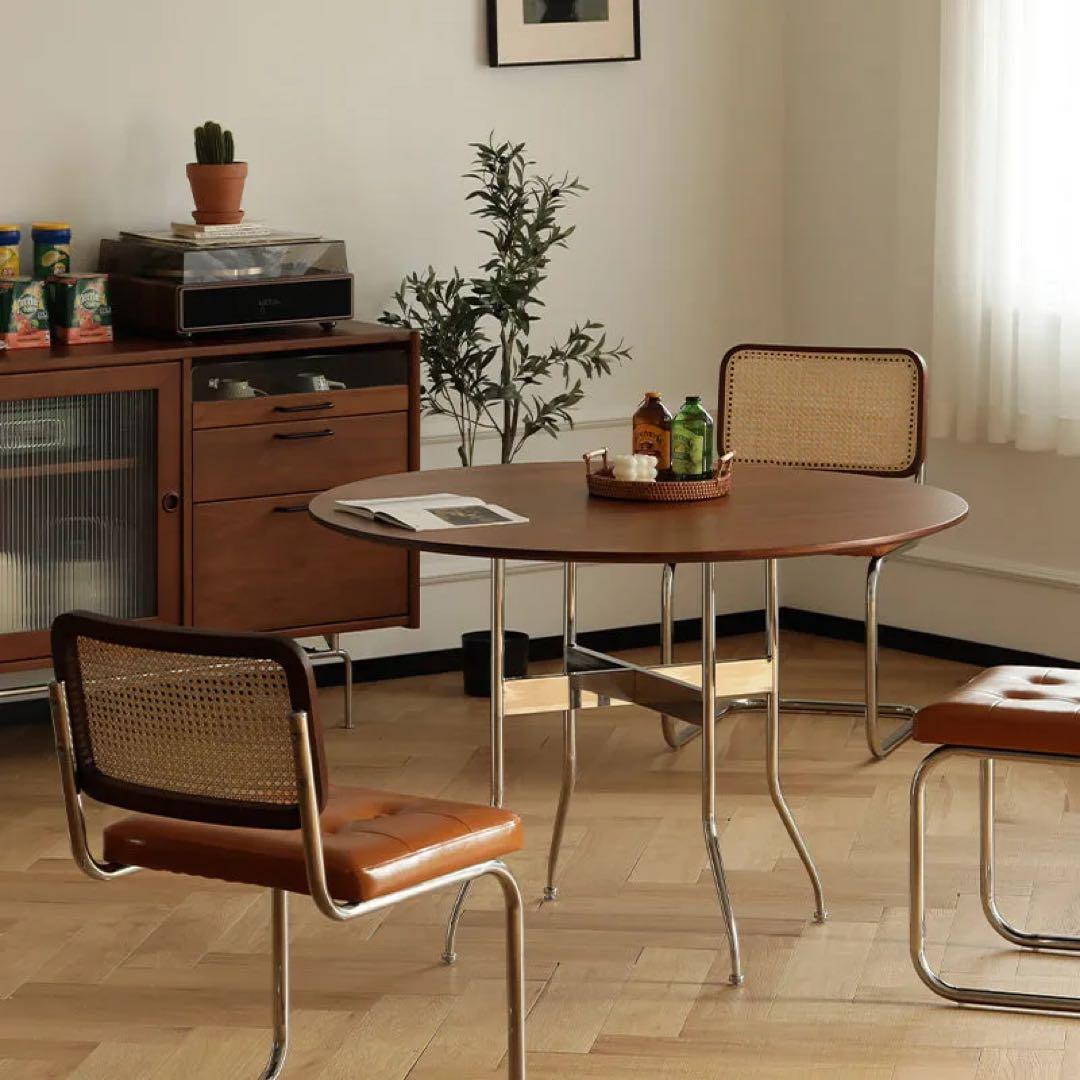 CAGUUU｜ツゲ材 ステンレス脚木製ラウンドテーブル｜ミッドセンチュリー