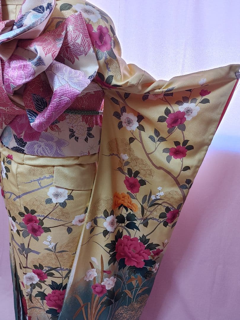 豪華 牡丹 振袖 袋帯 帯揚げ 帯締めセット 刈安色(薄い緑がかった黄色)