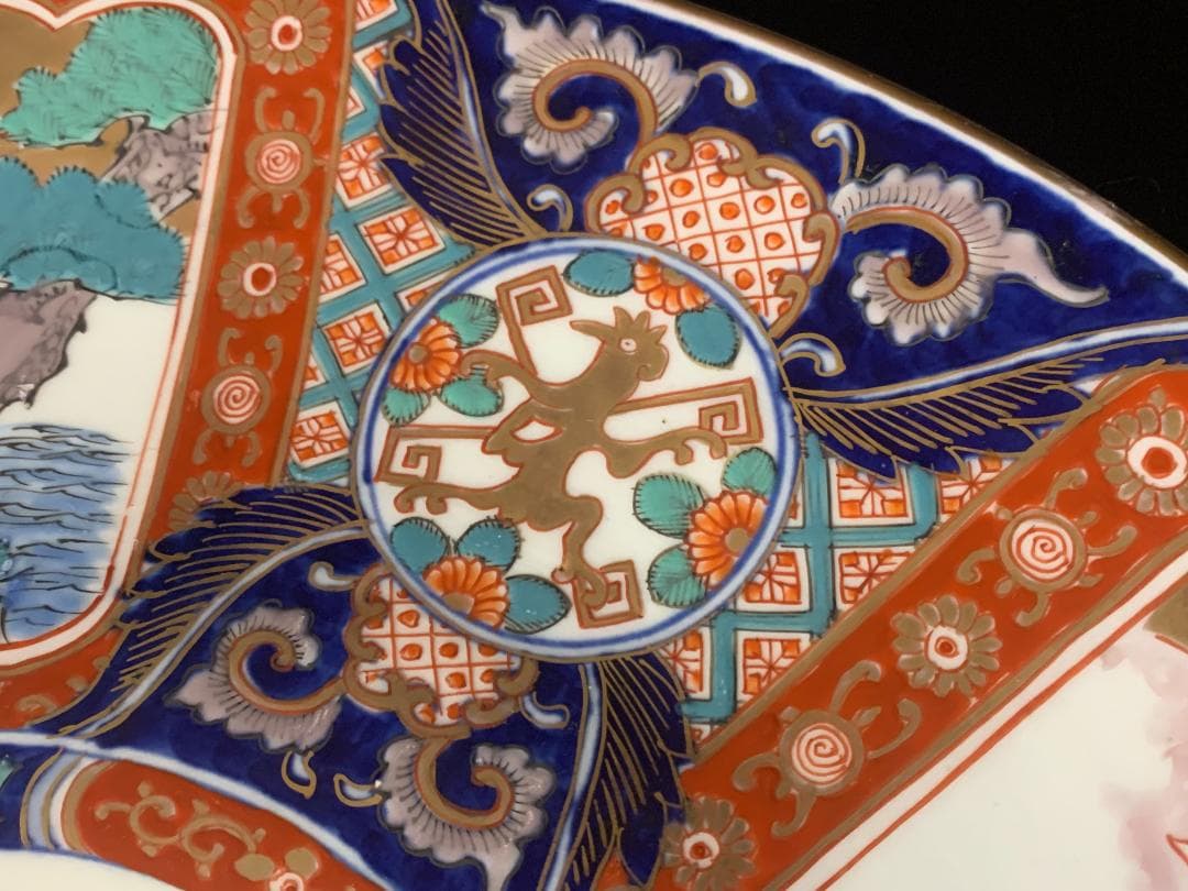 古伊万里 元禄伊万里 染錦 窓絵 富士に千鳥鶴松図 妖怪文 大飾皿 江戸中期