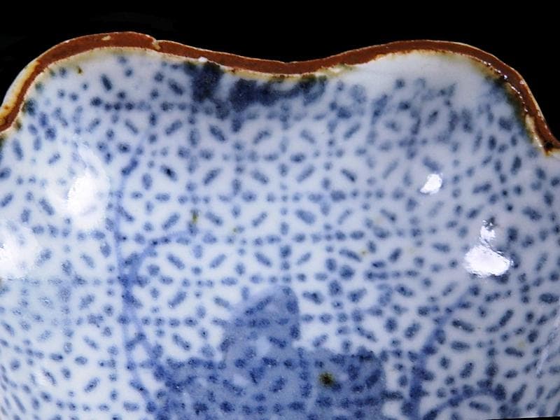 古伊万里　型刷印判　幾何学紋に草花紋の図　変形皿　江戸期E478AS-CRf