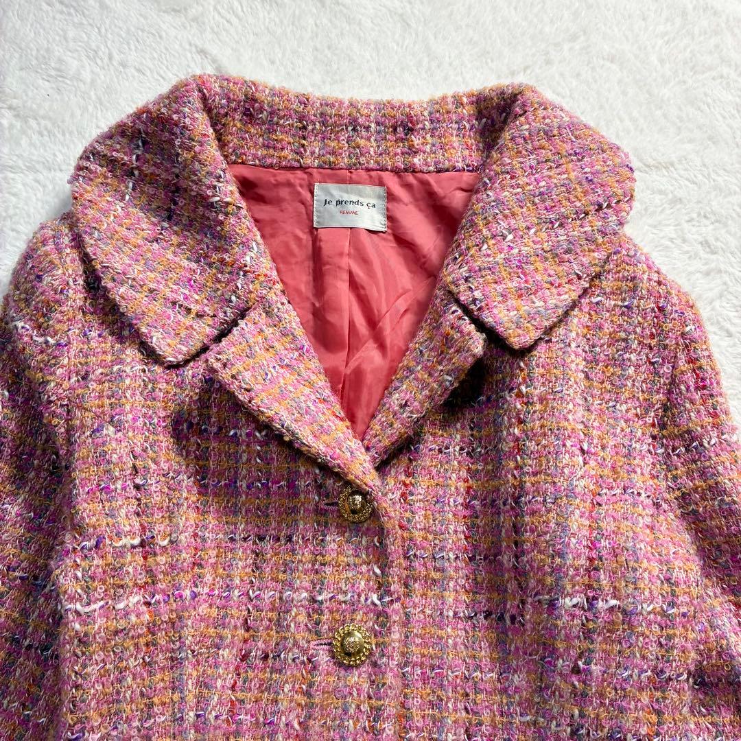 VINTAGE バブリースーツ ミックスツイード マルチカラー 金ボタン 日本