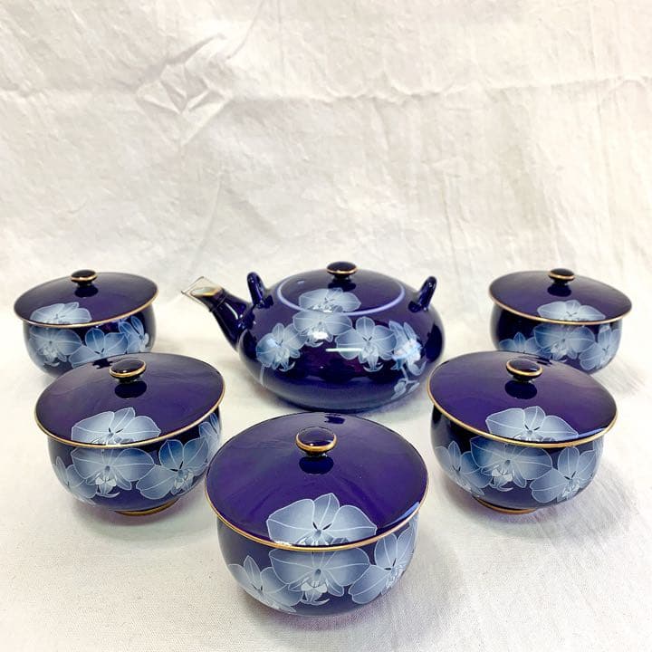 香蘭社 『ルリ胡蝶蘭』茶器揃 急須＆蓋付き湯呑み5客 茶器セット 和