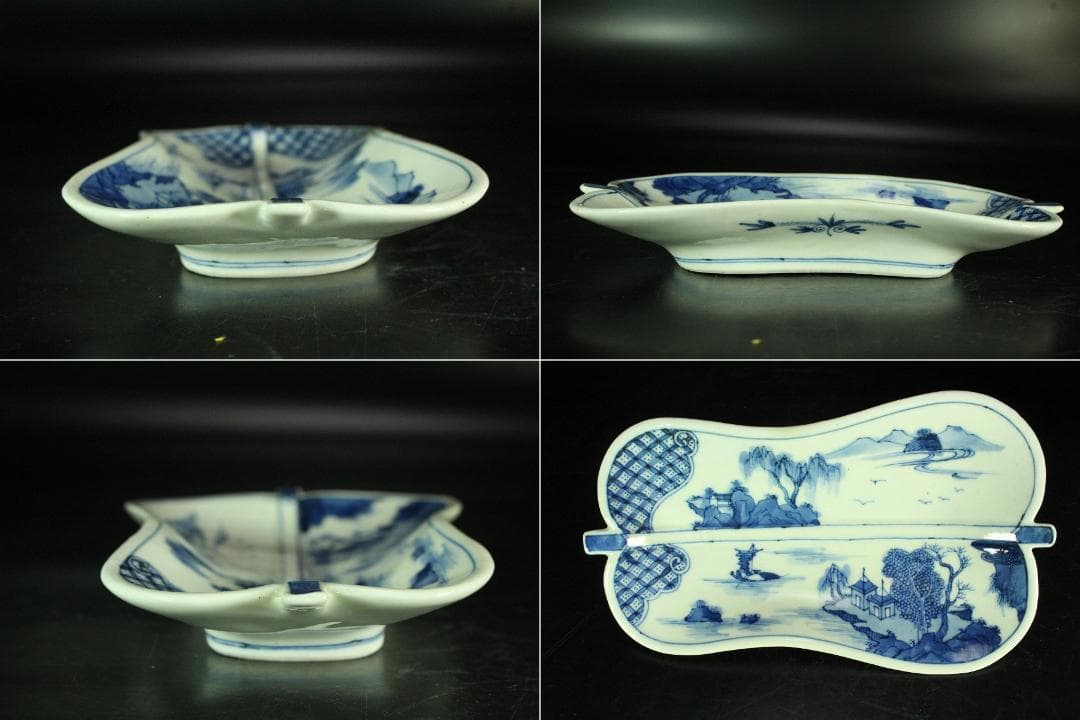 三浦竹泉作 青花山水 団扇形 皿 揃い 大小五客(K-XA885)