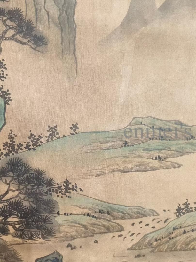 中国古美術 近代 絹本手描き 呉湖帆作款 山水画 掛軸 三尺 牙