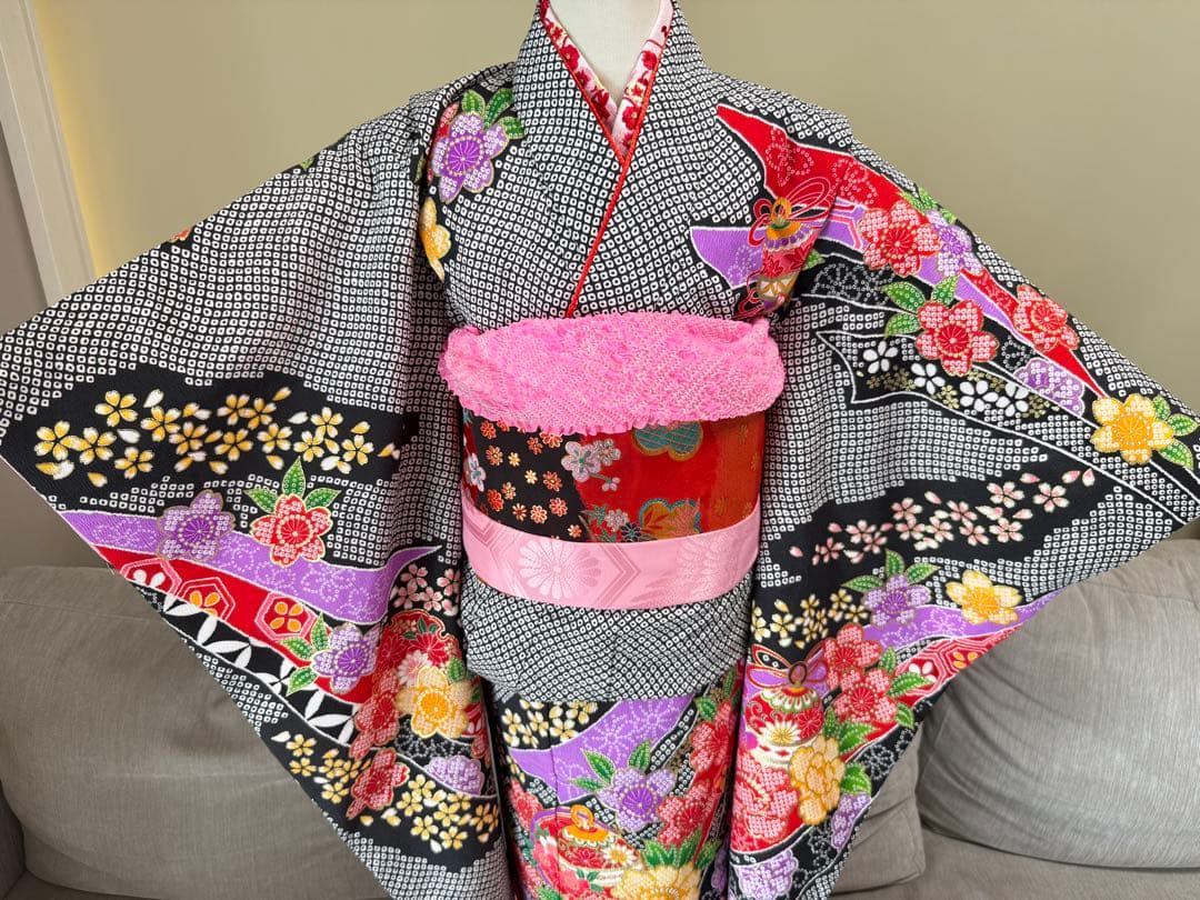 七五三着物帯セット　7歳　黒系　絞り柄