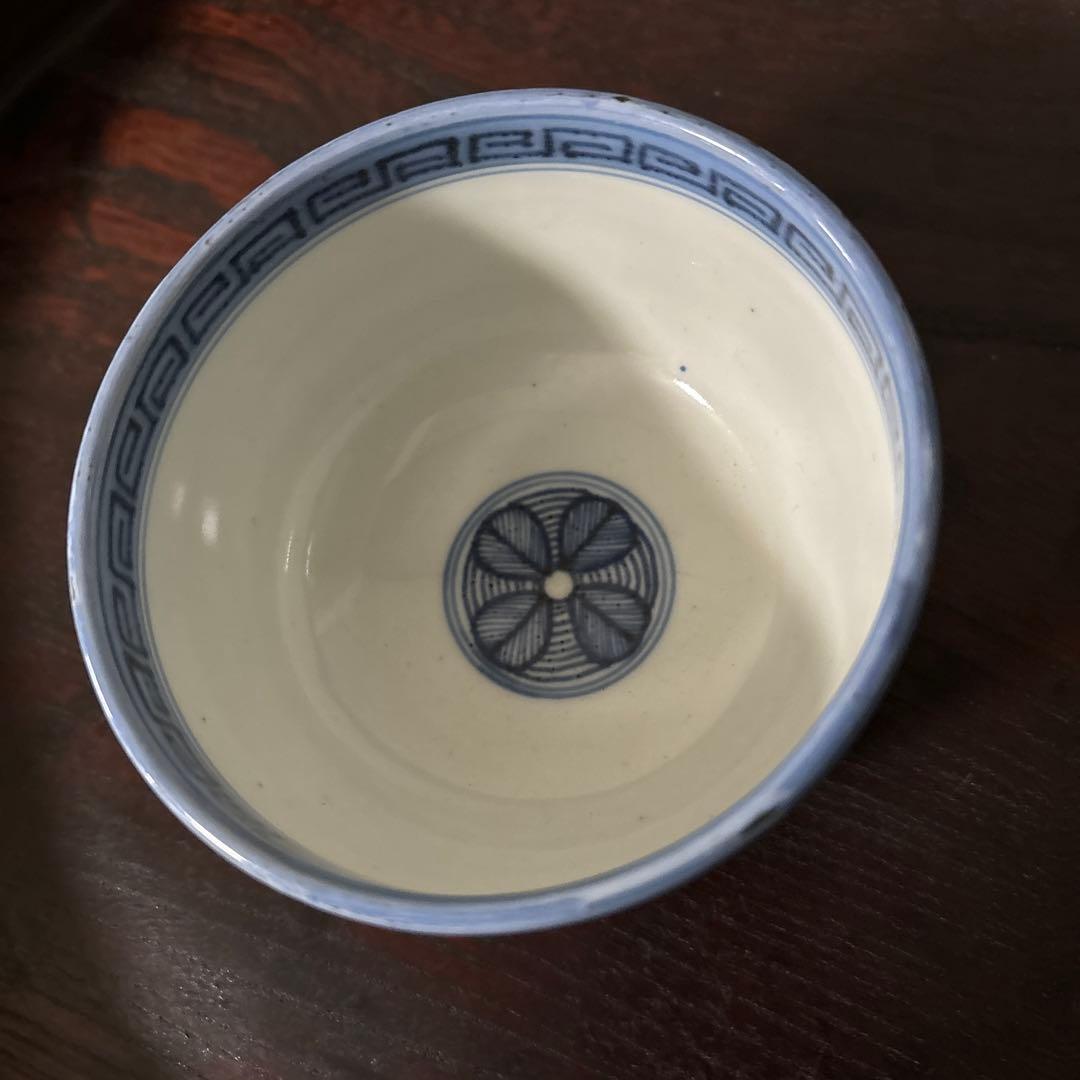 古伊万里幾何学紋染付 湯呑み1点 ころ茶碗 江戸時代 アンティーク 白磁