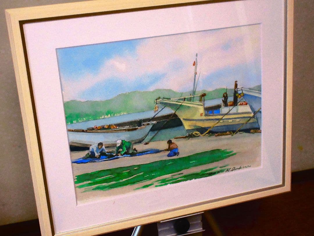 水彩画 漁船と漁師 額装済み F6サイズ