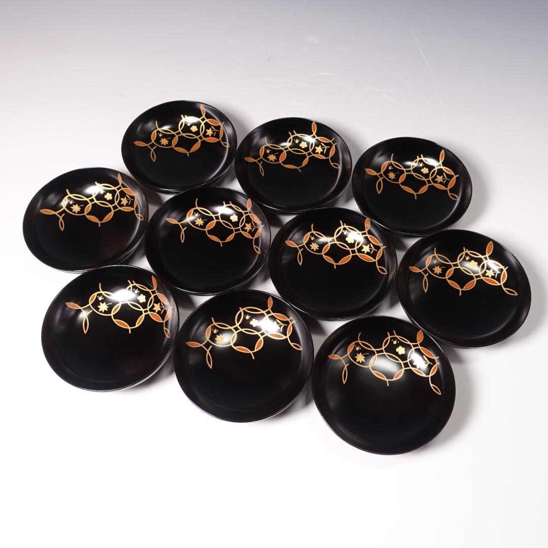 輪島塗師 堀川蒼雲 黒塗 糸目 見返七宝蒔絵 煮物椀 10客 共箱 天然木製