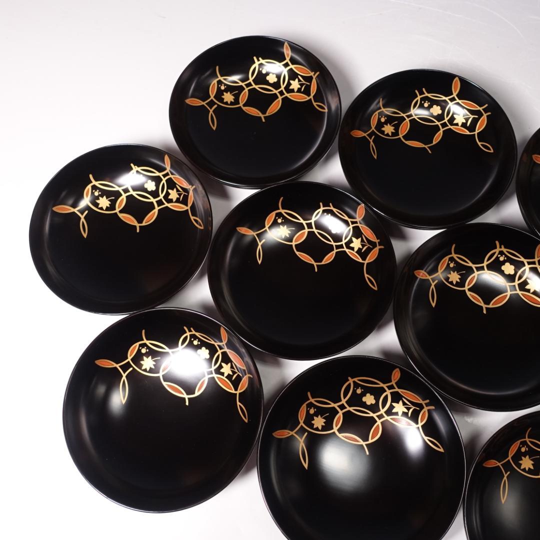 輪島塗師 堀川蒼雲 黒塗 糸目 見返七宝蒔絵 煮物椀 10客 共箱 天然木製