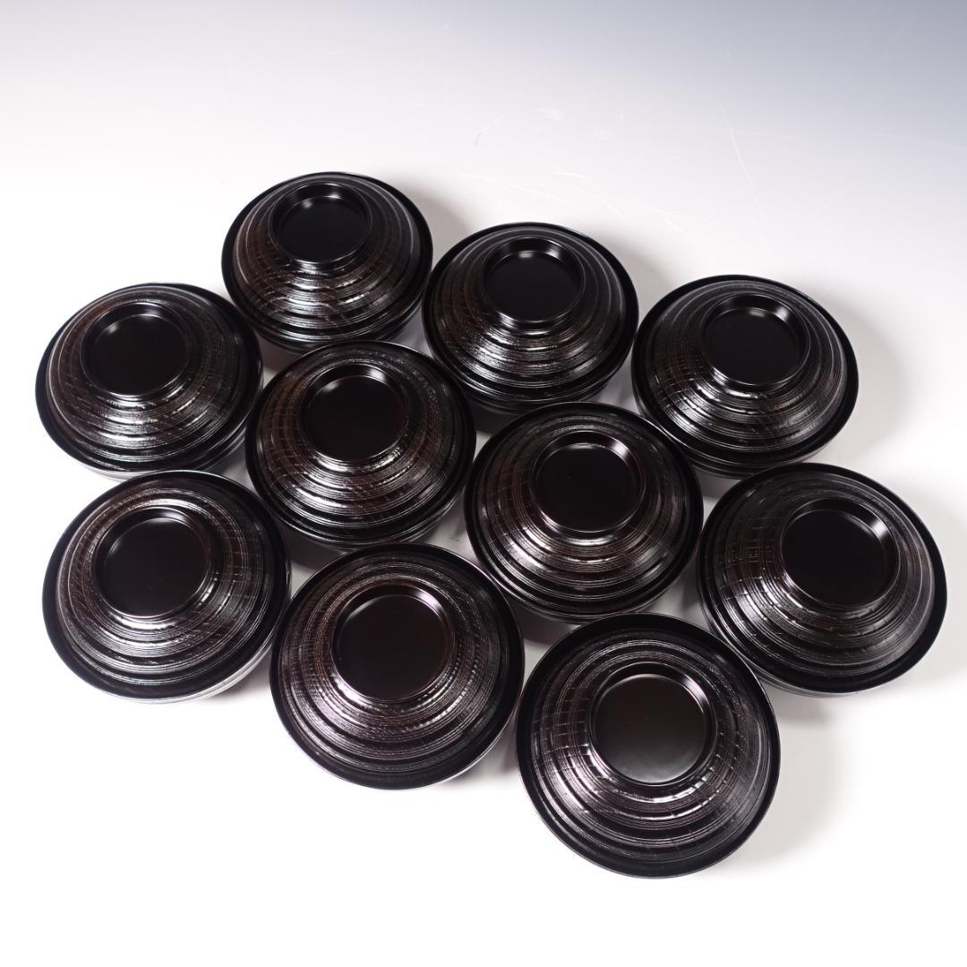 輪島塗師 堀川蒼雲 黒塗 糸目 見返七宝蒔絵 煮物椀 10客 共箱 天然木製