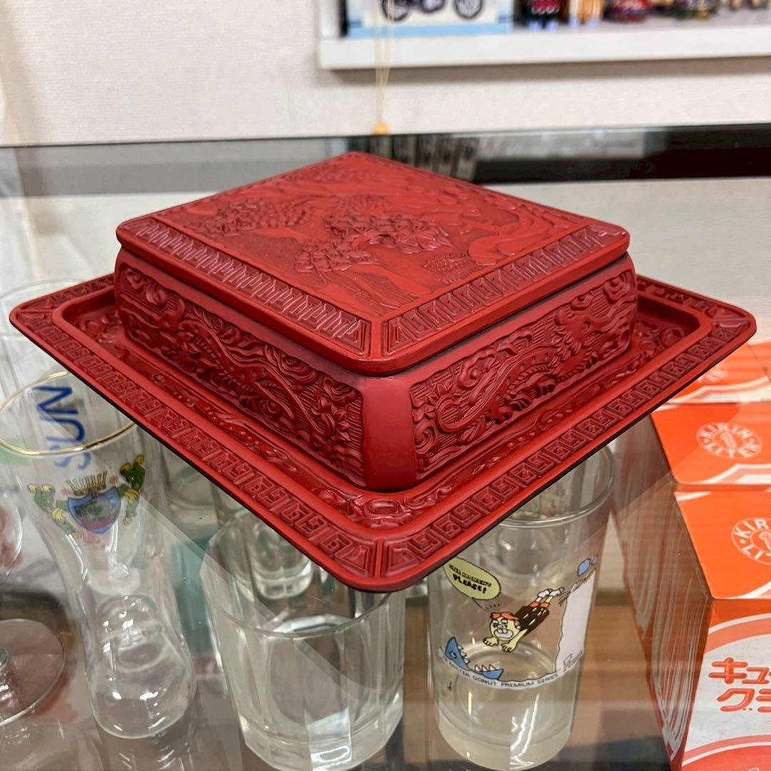 堆朱 硯箱 文箱 小物入れ 漆器 伝統工芸品 龍 山水 赤い漆器 文房具