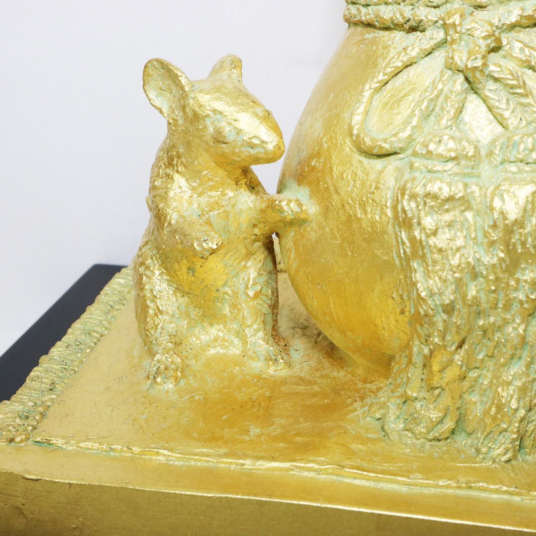 壽　富永直樹 ブロンズ 金箔仕上 鼠 瓢箪 台座 共箱 冊子 寿 置物