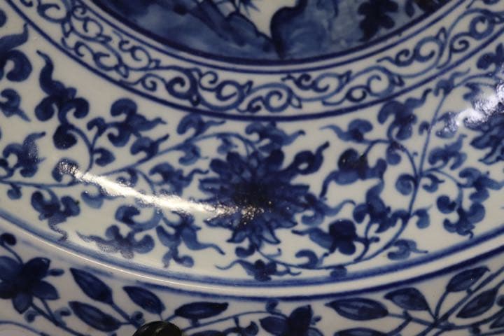 中国　染付花口大皿　麒麟紋　大明宣徳年製銘1123