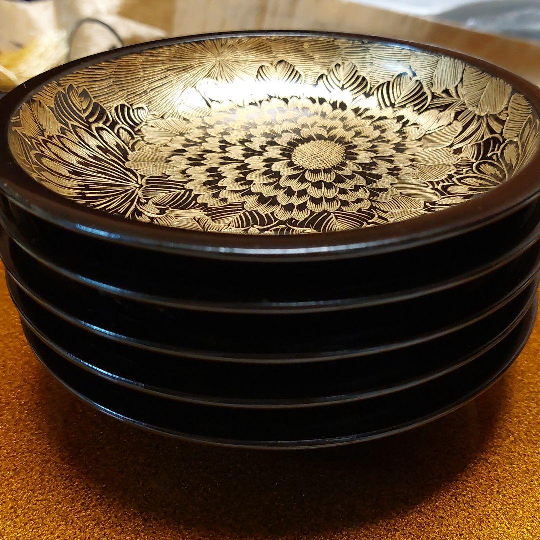 購入 幕末~明治輪島塗沈金菊蒔絵木皿五客 幕末~明治輪島塗沈金菊蒔絵