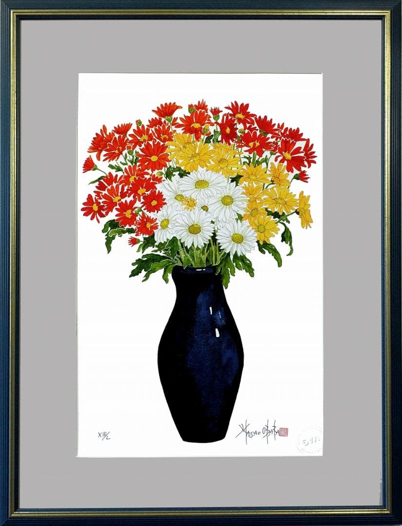 国際展作家「青い花瓶の菊」小原雅夫/真作/D・リトグラフ/静物/安野光雅の影響