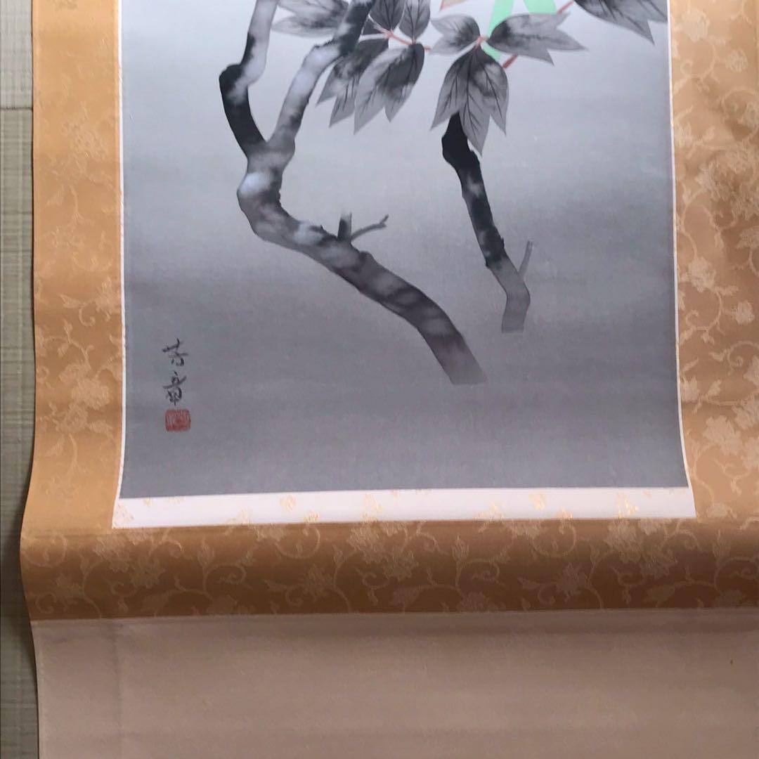 Is28 掛け軸 牡丹の花 日本画 四季花 牡丹 木箱付き 芳章 美