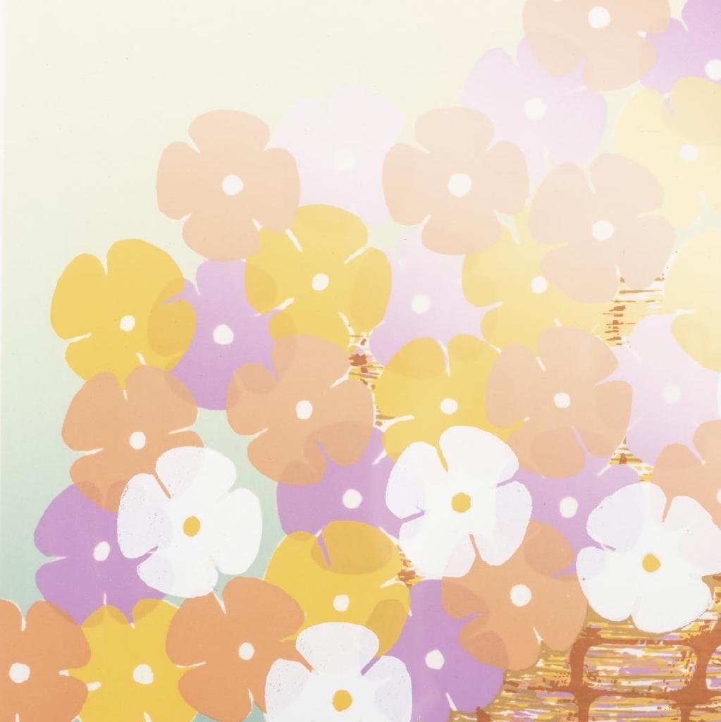 木製高級額装 手作りパール塗装額 シルクスクリーン かごの花 約45×45cm